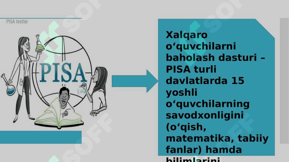 PISA xalqaro baholash dasturi
talablari asosida	ta’lim shakl, metod va vositalari	yordamida o’quvchilar kompetentsiyalarini shakllantirish. 4