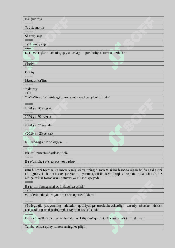 Umumiy pedagogika fanidan testlar to’plami javoblari bilan 2