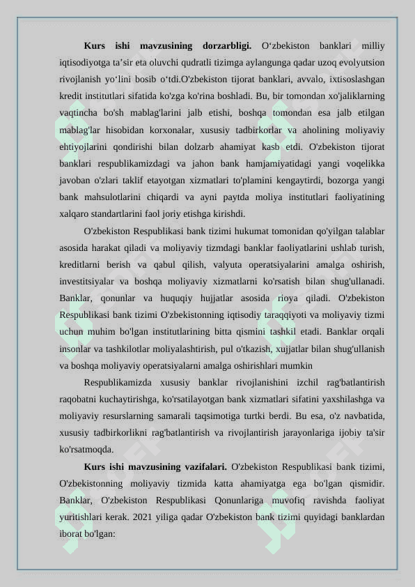 O'zbekiston bank tizimi. kurs ishi 2