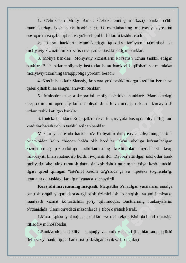 O'zbekiston bank tizimi. kurs ishi 3