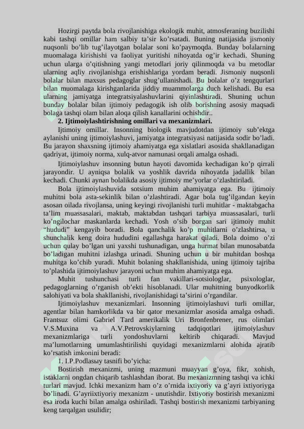 Ijtimoiylashtirishning omillari va mexanizmlari. 2