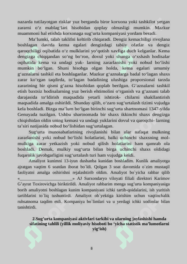 Sug’urta markazi filialidagi amaliyot bo`yicha hisobot. 8