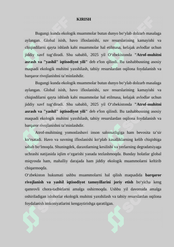 2025 yil – Atrof-muhitni asrash va “yashil” iqtisodiyot yili 2