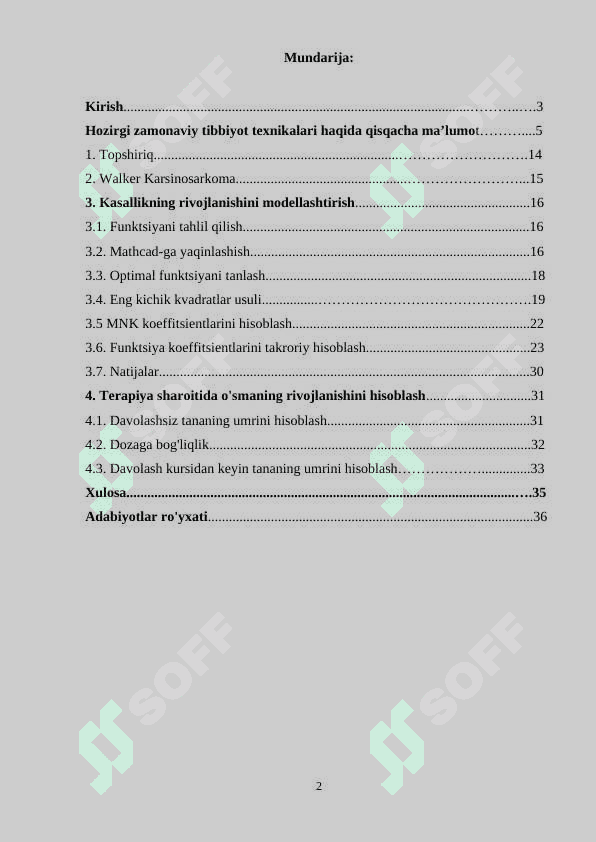 Uoker kartsinosarkomasi rivojlanishini modelashtirish 2