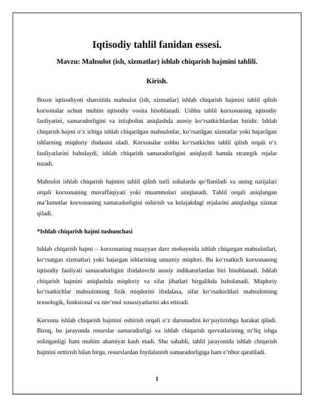 Mahsulot ishlab chiqarish va  ish, xizmatlar hajmini tahlili. 1