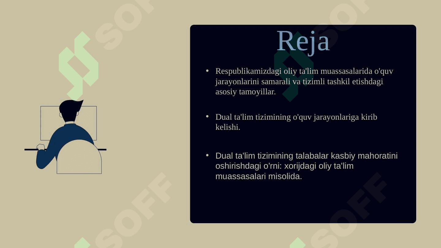 O'zbekistondagi ta'lim muassalarida tahsil oluvchi talabalarning o'quv faoliyatlarini dual ta'lim tizimi orqali samarali tashkil etish. 2