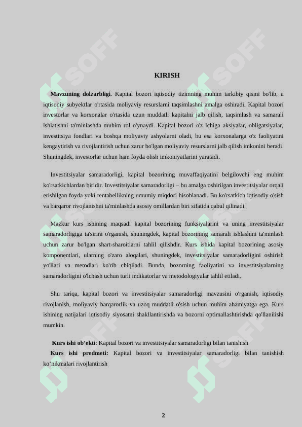 Kapital bozori va investitsiyalar samaradorligi 2