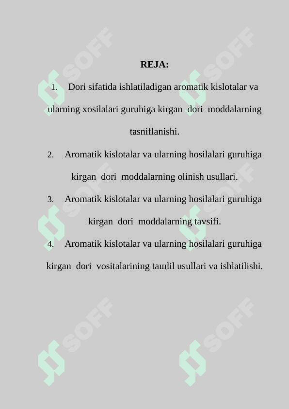 Aromatik kislotalar va ularning birikmalarining kislota asos xossalari. Salitsil kislotasi va uni amidlari, efirlari. Taxlil usullari. 2