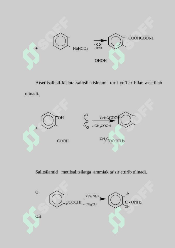 Aromatik kislotalar va ularning birikmalarining kislota asos xossalari. Salitsil kislotasi va uni amidlari, efirlari. Taxlil usullari. 7