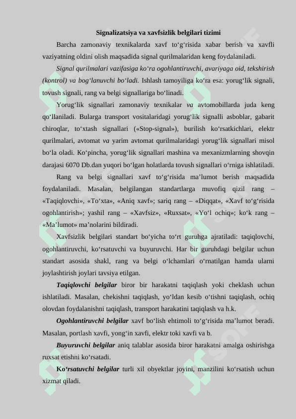 Signalizatsiya va xavfsizlik belgilari tizimi 2