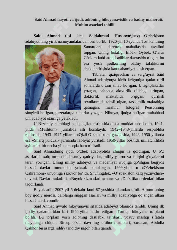 Said Ahmad hayoti va ijodi, adibning hikoyanavislik va badiiy mahorati. Muhim asarlari tahlili 3