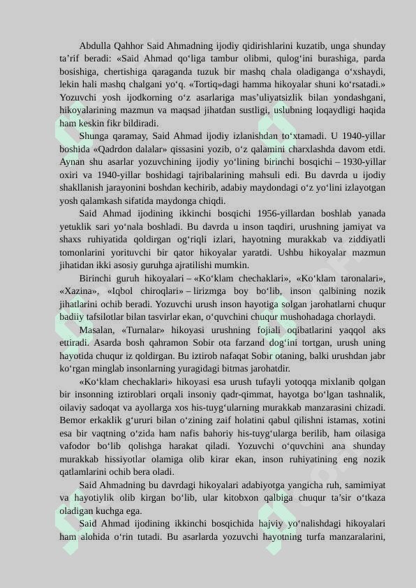 Said Ahmad hayoti va ijodi, adibning hikoyanavislik va badiiy mahorati. Muhim asarlari tahlili 4