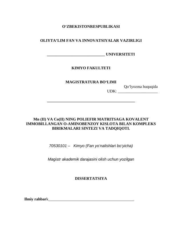 Mn (II) VA Co(II) NING POLIEFIR MATRITSAGA KOVALENT IMMOBILLANGAN O-AMINOBENZOY KISLOTA BILAN KOMPLEKS BIRIKMALARI SINTEZI VA TADQIQOTI
