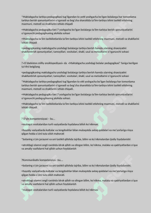 Maktabgacha ta’lim PEDAGOGIKA test javoblari bilan 2