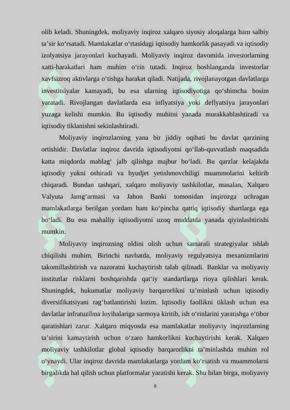 Global moliyaviy inqiroz sharoitida raqobatlashuvchi firmaning foydasi va daromadlari 8