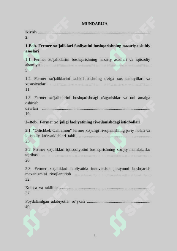 Fermer xoʻjaliklari iqtisodiyotining hozirgi holati va ularni rivojlanishdagi istiqbollari 2