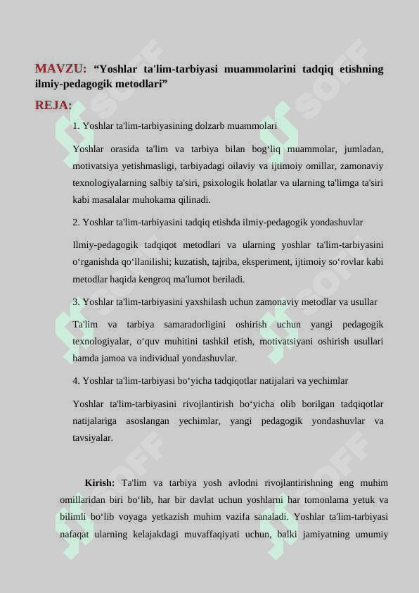 “Yoshlar ta'lim-tarbiyasi muammolarini tadqiq etishning ilmiy-pedagogik metodlari” 2