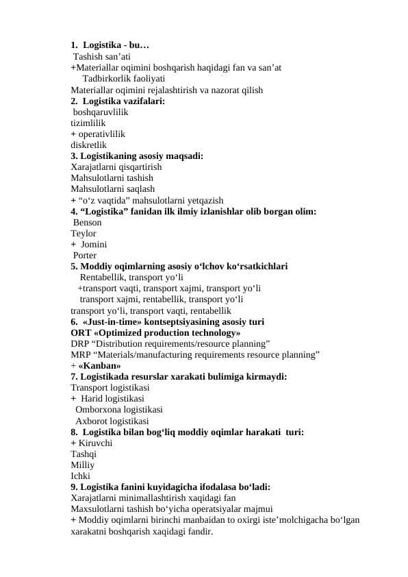 Logistika fanidan testlar