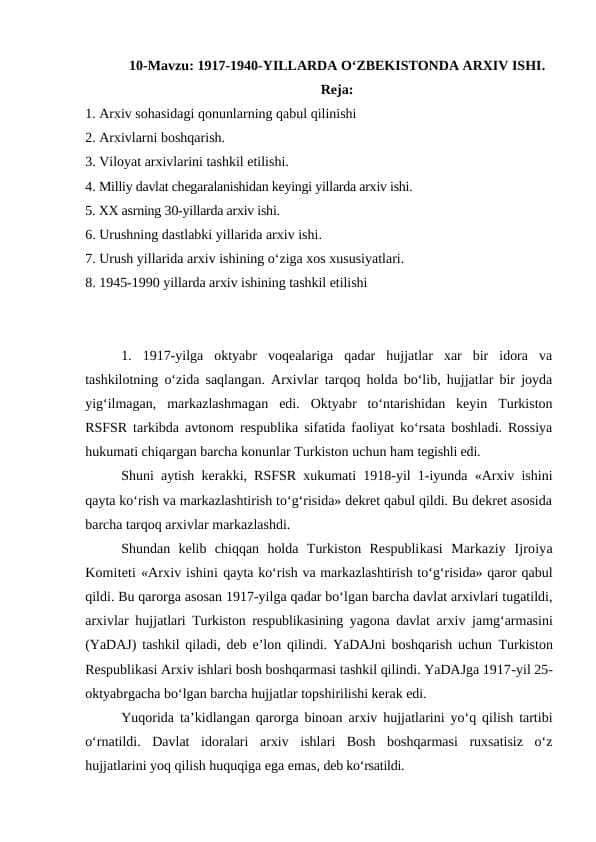 1917-1940-YILLARDA O‘ZBEKISTONDA ARXIV ISHI