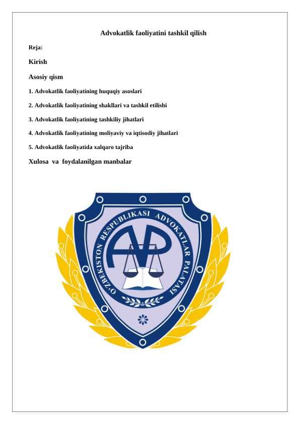 Advokatlik faoliyatini tashkil qilish 1