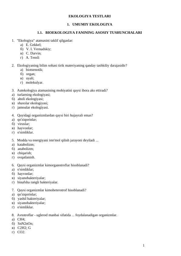 EKOLOGIYA FANIDAN TESTLAR 1