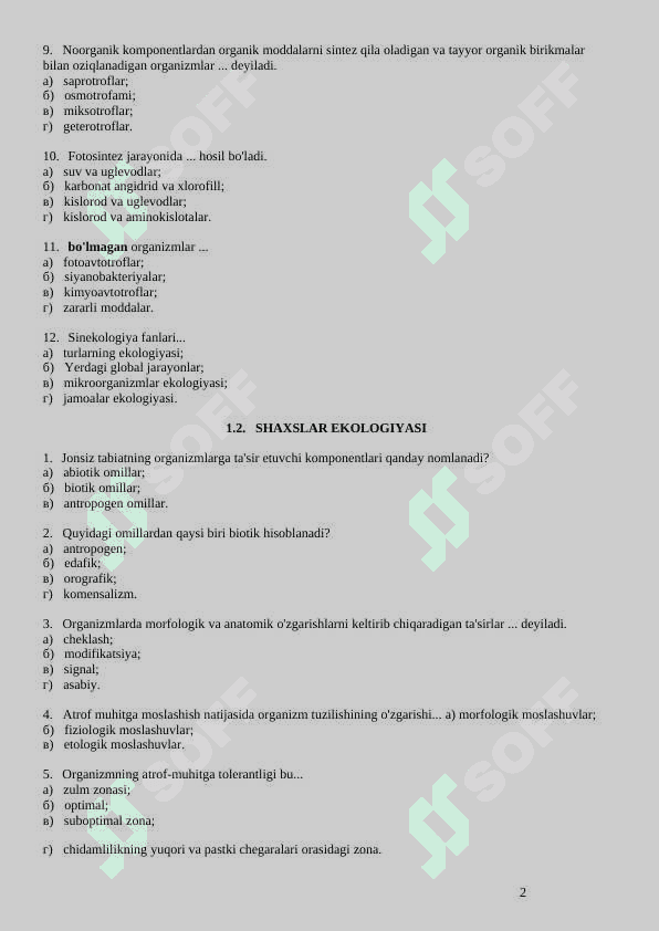 EKOLOGIYA FANIDAN TESTLAR 2