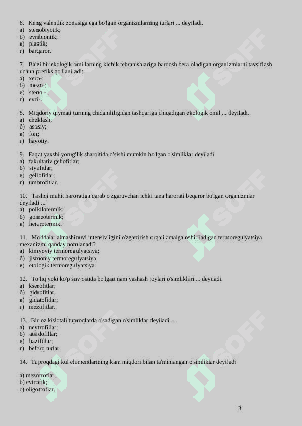 EKOLOGIYA FANIDAN TESTLAR 3