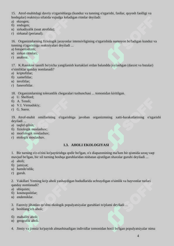 EKOLOGIYA FANIDAN TESTLAR 4