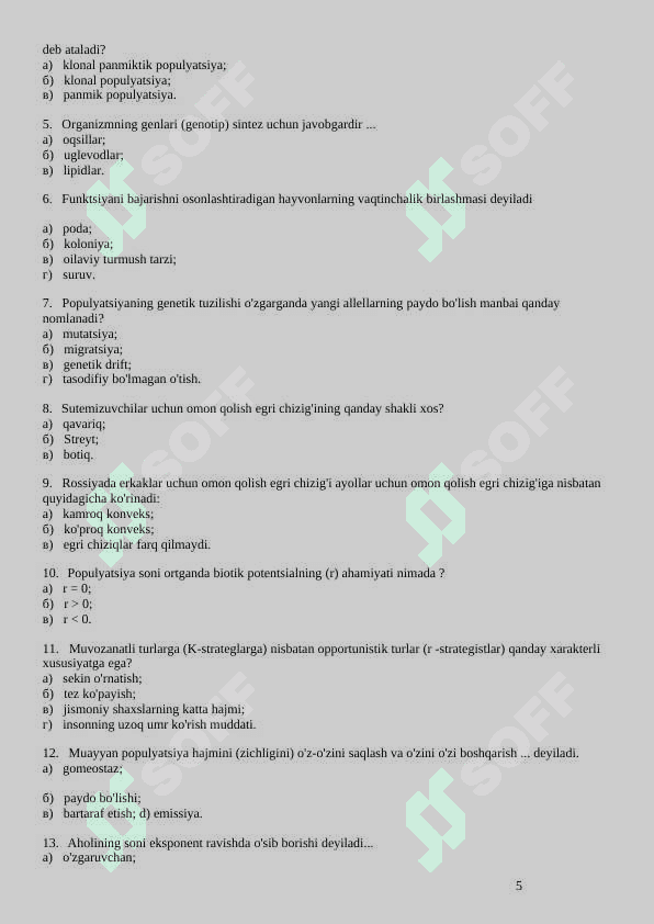 EKOLOGIYA FANIDAN TESTLAR 5