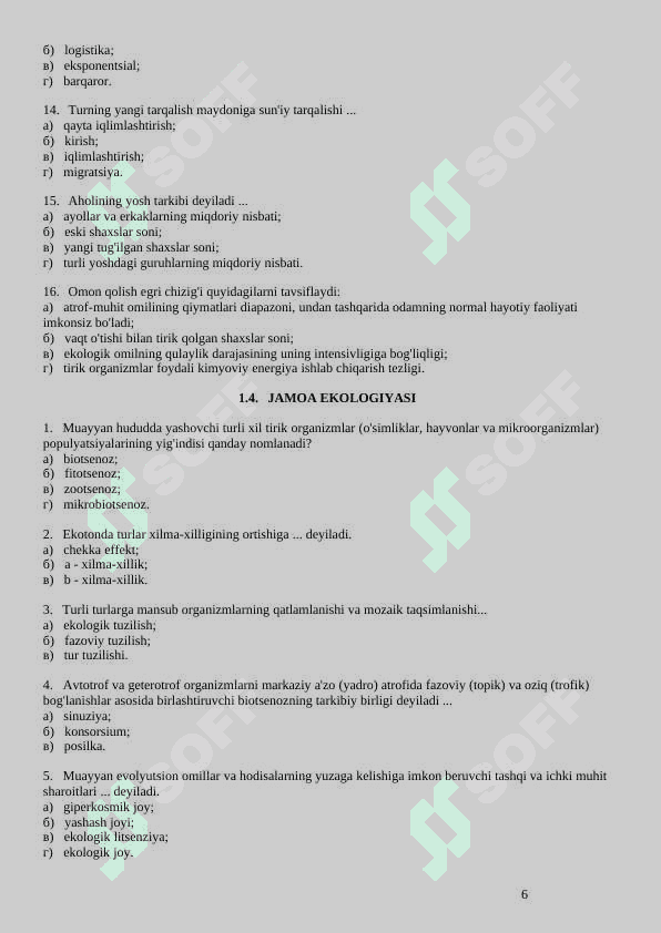 EKOLOGIYA FANIDAN TESTLAR 6