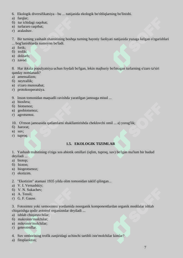 EKOLOGIYA FANIDAN TESTLAR 7