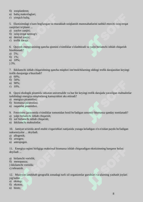 EKOLOGIYA FANIDAN TESTLAR 8