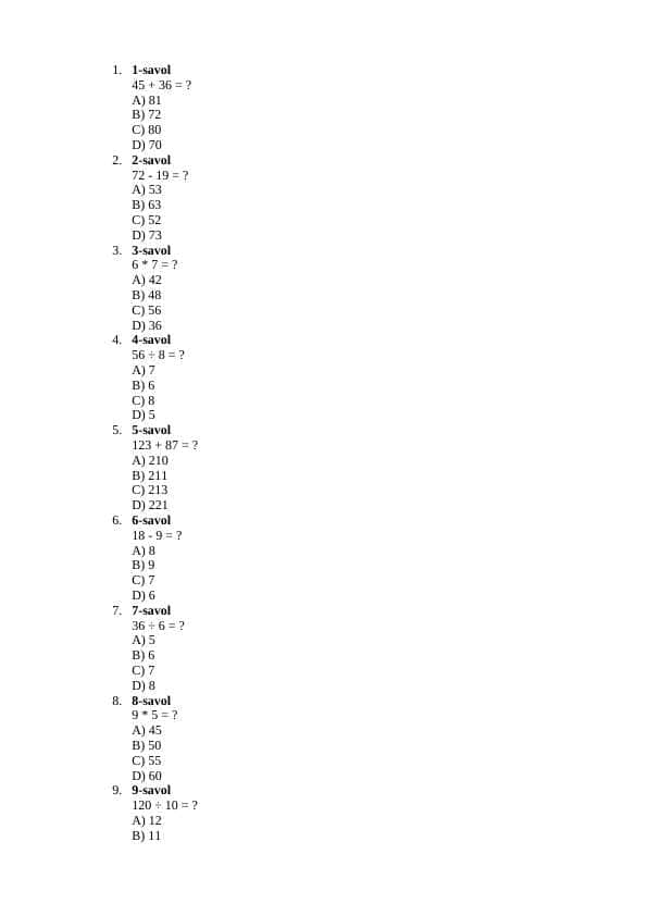 AGROS TEST. Boshlangich matematika
