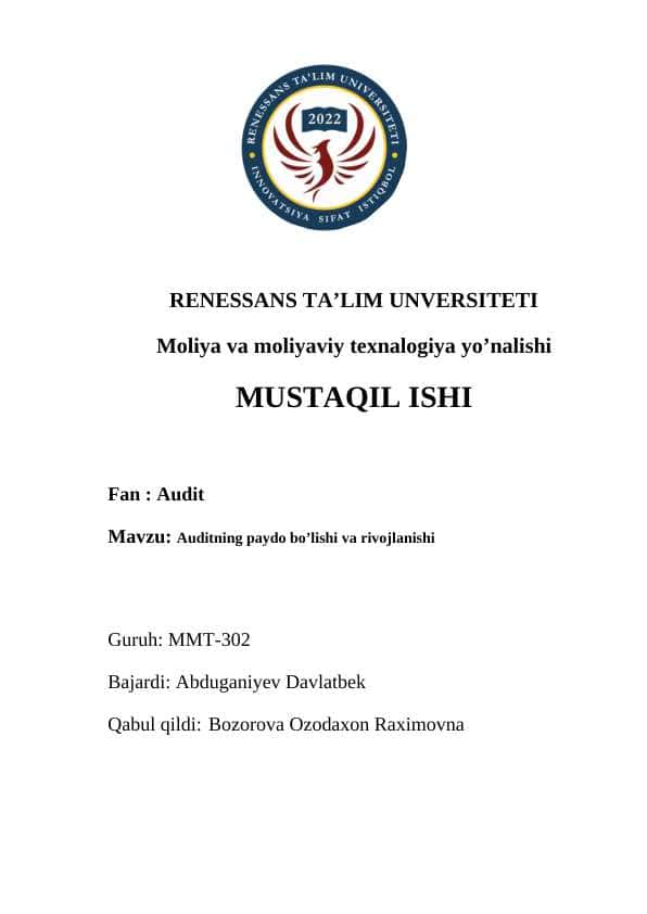 Auditning paydo bo’lishi va rivojlanishi.