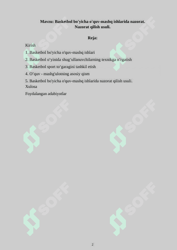 Basketbol bo'yicha o'quv-mashq ishlarida nazorat 2