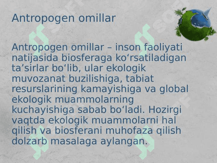 Antropogen omillarning biosferaga salbiy ta’sirini kamaytirish 2