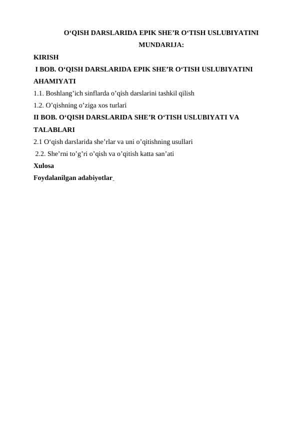 O‘QISH DARSLARIDA EPIK SHE’R O‘TISH USLUBIYATINI 1
