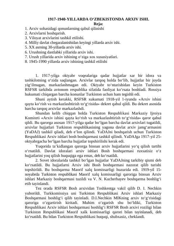 1917-1940-YILLARDA O‘ZBEKISTONDA ARXIV ISHI