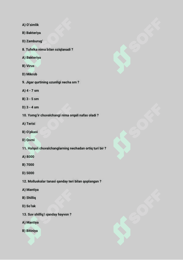 Zoologiya 7-sinf kitobidan tuzilgan test savollari javoblari bilan 2