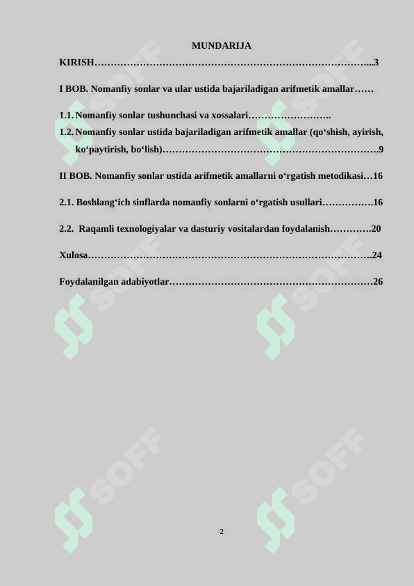 NOMANFIY SONLAR USTIDA ARIFMETIK AMALLARNI O‘RGATISH METODIKASI. 2