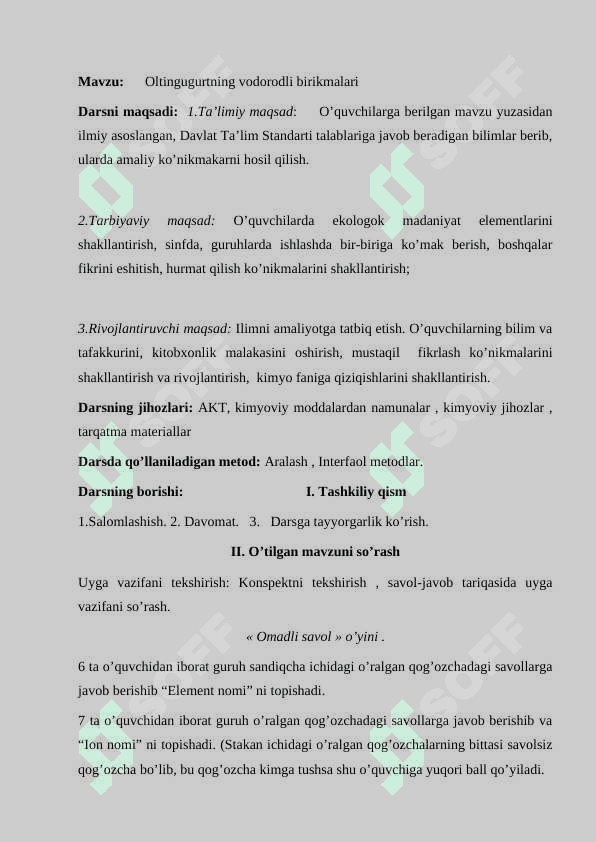 _Oltingugurtning vodorodli birikmalari_ mavzusida dars ishlanma, 8-sinf 3