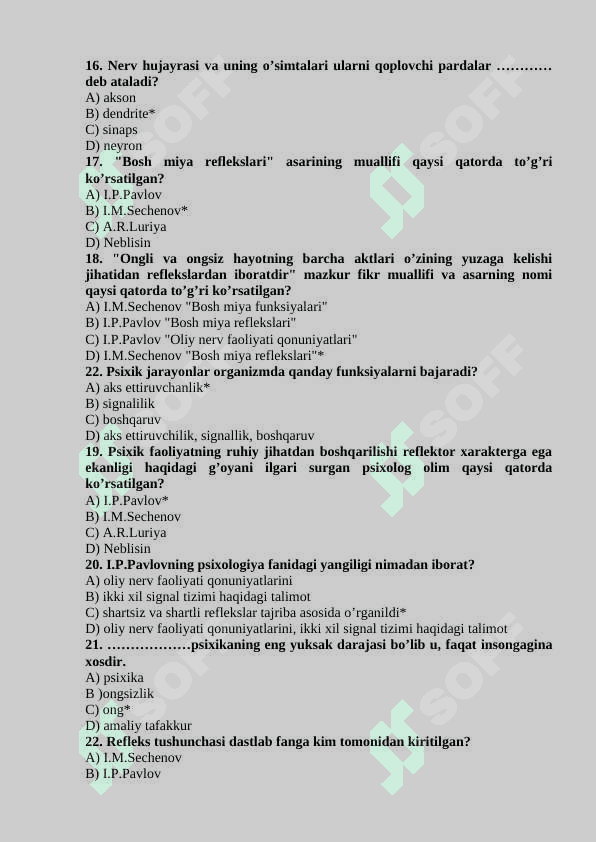 Psixologiya fanidan testlar, javoblari bilan 3