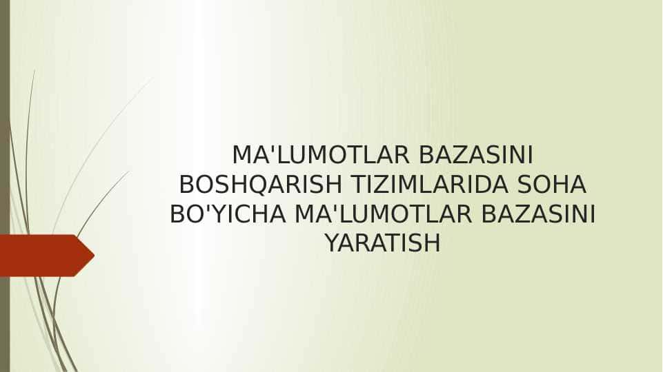 MA'LUMOTLAR BAZASINI BOSHQARISH TIZIMLARIDA SOHA BO'YICHA MA'LUMOTLAR BAZASINI 1