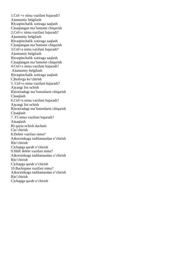 Informatika fanidan testlar