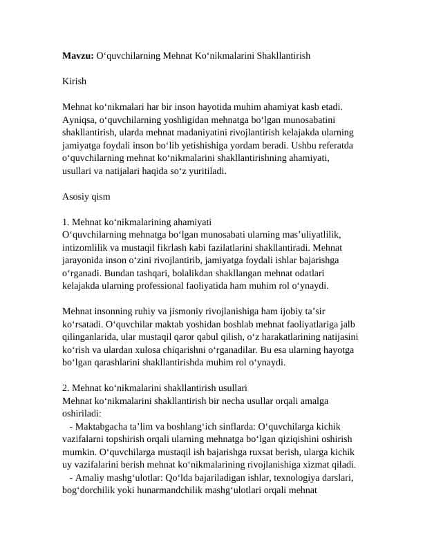 O'quvchilarning mehnat ko'nikmasini shakillantirish - Referat 1