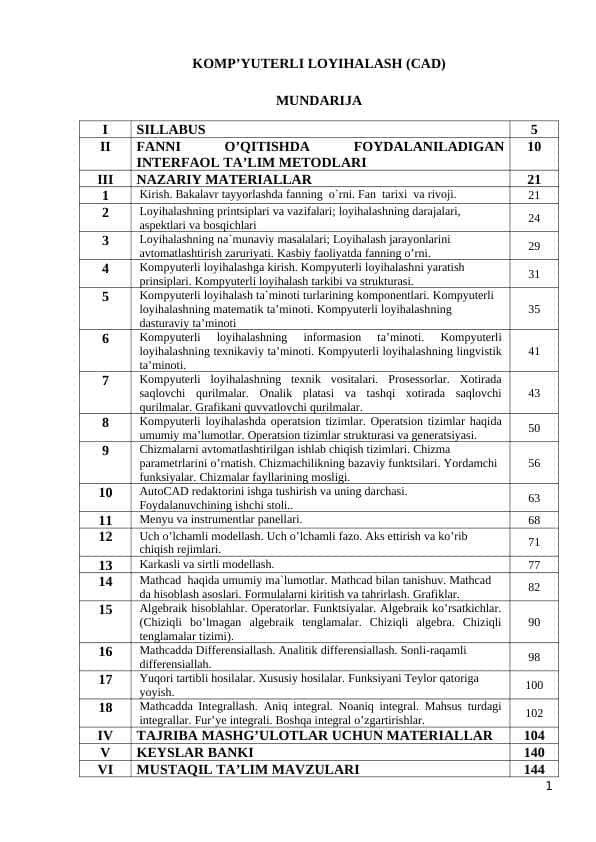 KOMPYUTERLI LOYIHALASH (CAD) 1