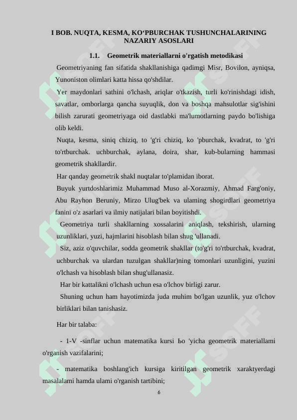 NUQTA, KESMA, KO‘PBURCHAK TUSHUNCHASI HAQIDA TASAVVURNI SHAKLLANTIRISH VA ULARNI CHIZISH, AYRIM XOSSALARI BILAN TANISHTIRISH METODIKASI. 6