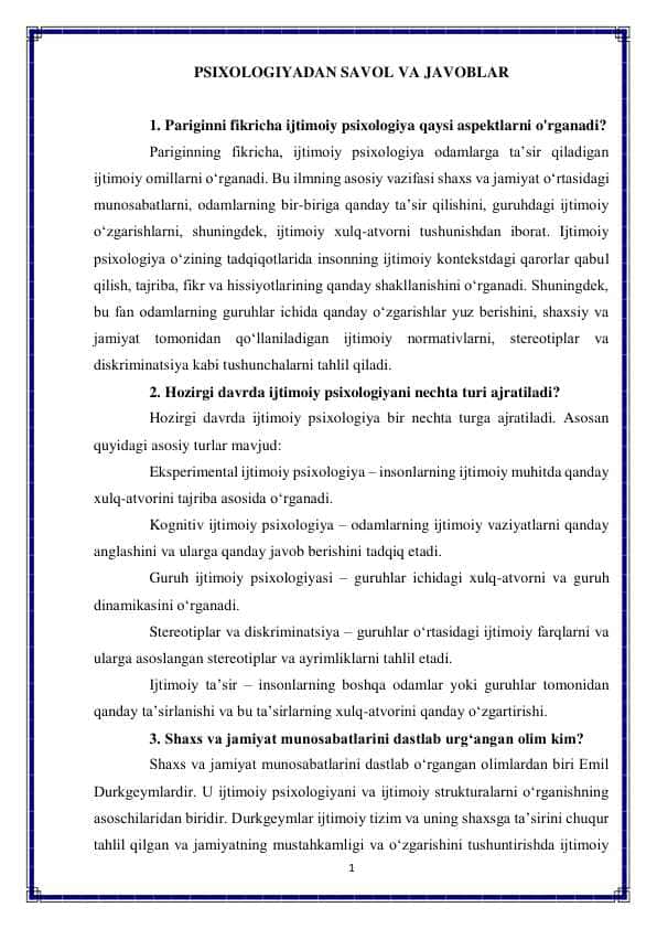 Psixologiyadan savol va javoblar 1