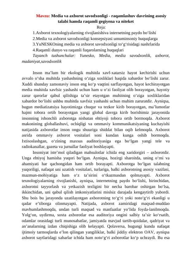 Media va axborot savodxonligi - raqamlashuv davrining asosiy talabi hamda raqamli gegiyena va niteket