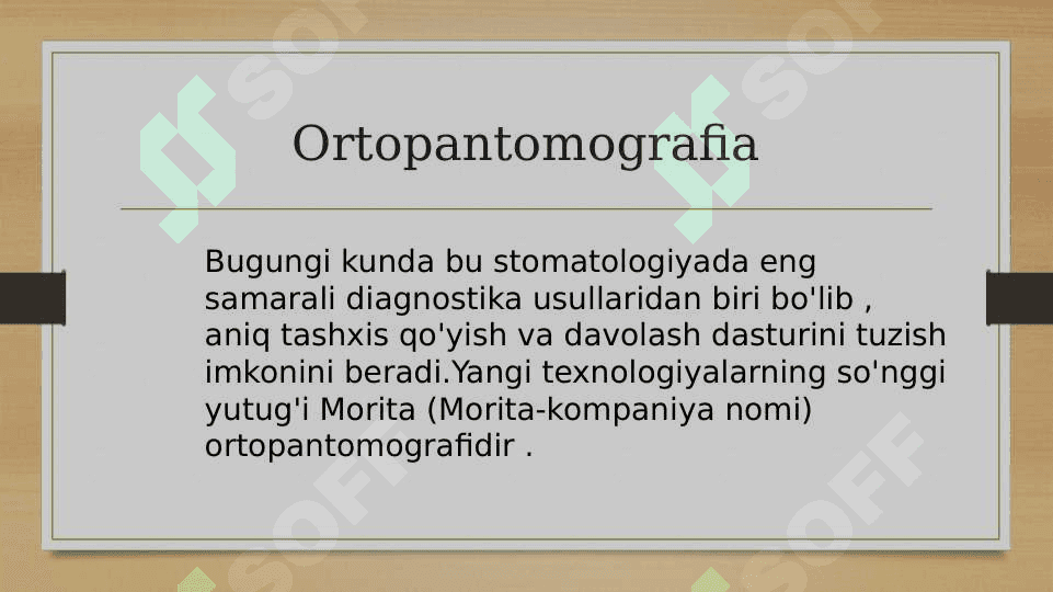 Rentgenologik tekshirish usullari. Ortopantomografiya, tomografiya, 3-D va telerentgenografiya asoslari. 7